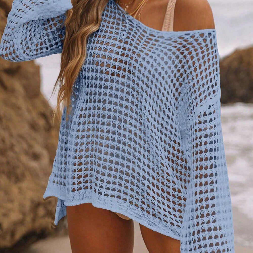 Dusty Blue Loose Knitted Women's Beach Dresses with Hollow Out